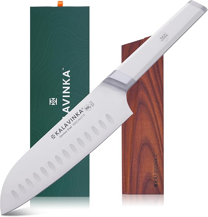 7 Inch All-Purpose Santoku Knife, German X50CrMoV15 Steel, Comfortable Handle, Razor Sharp Edge, Gifted Sheath, Outdoor Cooking (RUPA)