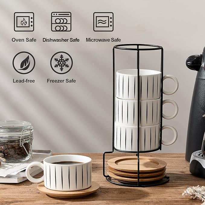 LUKA 6 Ounce Porcelain Stackable Espresso Cups with Saucers and Metal Stand Set of 4, Ceramic Cappuccino Cups Set for Specialty Coffee Drinks, Latte, Cafe Mocha and Tea, Stripes, White