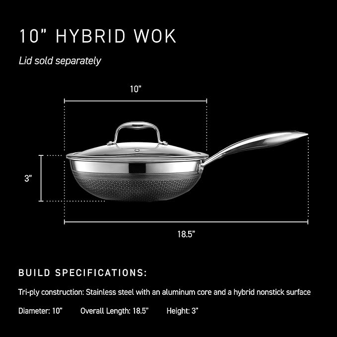 HexClad Hybrid Nonstick 10-Inch Wok, Stay-Cool Handle, Dishwasher-Friendly, Oven-Safe Up to 900°F, Induction Ready, Compatible with All Cooktops
