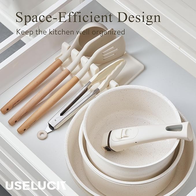 Pots and Pans Set Healthy Non toxic Non Stick Ceramic Cookware Set 21 Pcs Detachable Handles, Oven Safe, Induction Dishwasher, Stackable Frying Pan (PFOS, PFOA Free),Cream White