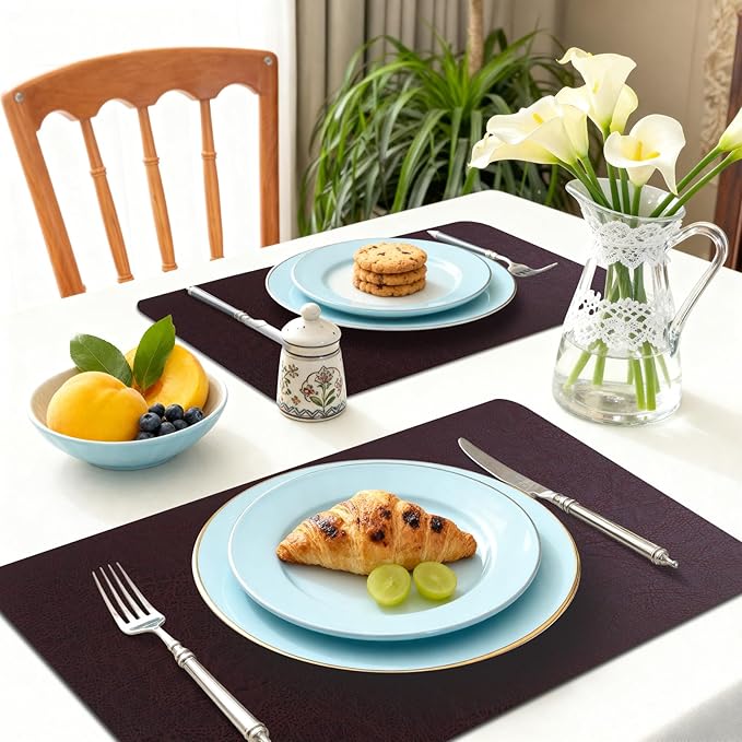 Vinyl Placemats Set of 6-12×17.7 Inch Waterproof & Heattable Placemats, Fall Faux Leather Wipeable Outdoor Table Mat for Dining, Kitchen, Indoor Outdoor Use (Coffee, Cowhide Grain)
