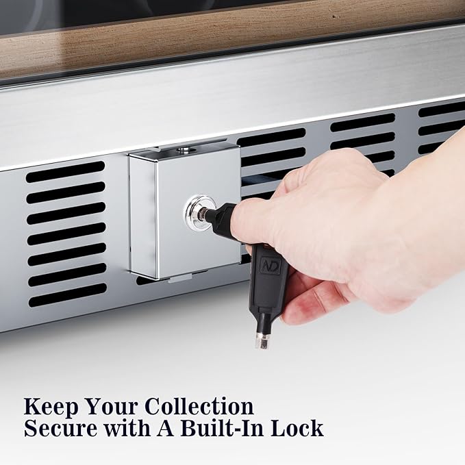 52 Bottle Wine Fridge with Lock, 24 Inch Wine Refrigerator for Red, White, Champagne, Beer, Dual Temperature Zone, Built-In or Freestanding, Wood Shelves, Stainless Steel Glass Door