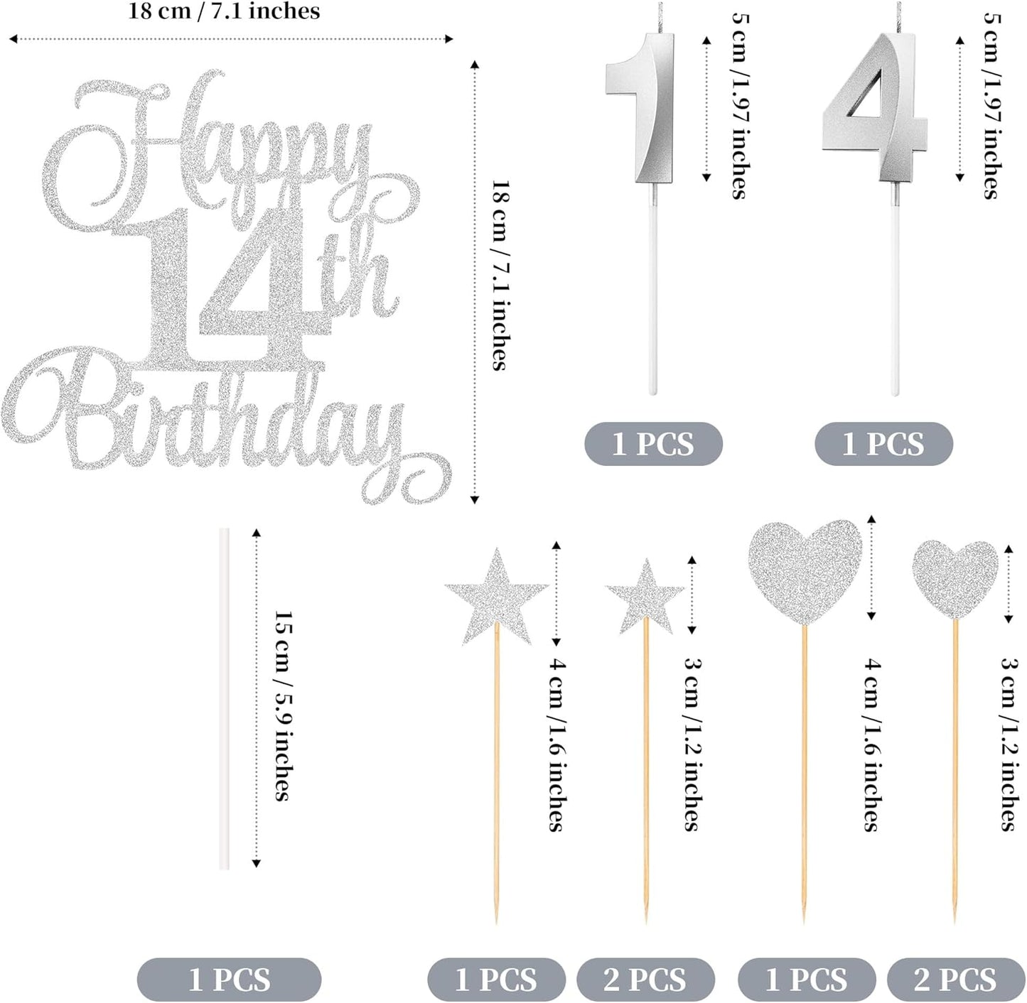 14th Birthday Cake Decorations, 14th Birthday Candles Cake Numeral Candles and Glitter Happy 14th Birthday Cake Toppers Set for Birthday Party Supplies (Silver)