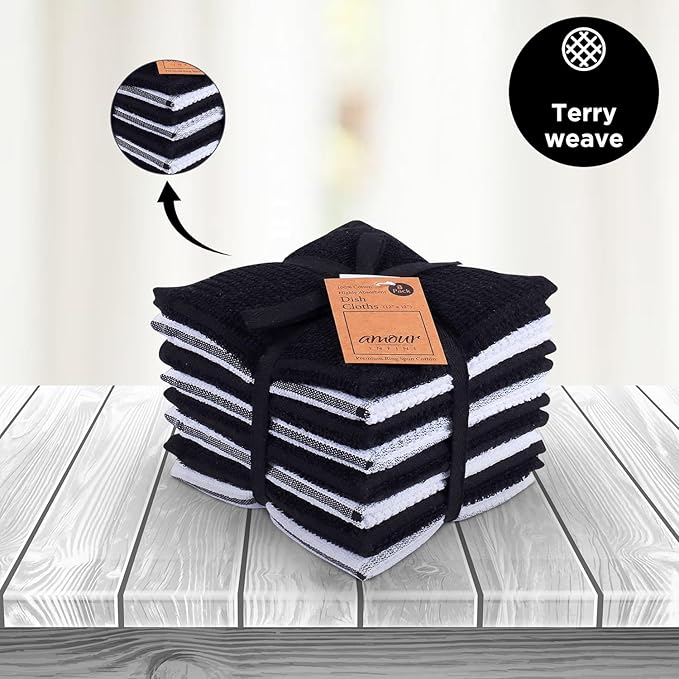 AMOUR INFINI Dish Cloths for Washing Dishes Set of 8 - Highly Absorbent, Super Soft Kitchen Dishcloths - Reusable Quick Dry Dish Rags for Cleaning & Drying Kitchen Linens (12x12 Inch - Black)