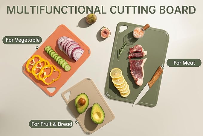 Plastic Cutting Board Set,Cutting Boards for Kitchen BPA Free, Large-Small Chopping Boards Set of 3 Non-Slip for Cooking Camping Dishwasher Safe, Reversible, with Grip Handle, 15"×10"×0.6"
