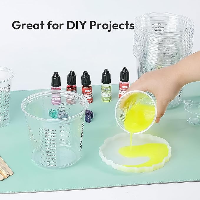 Epoxy Measuring Cups, Resiners 50pcs Resin Mixing Cups for Epoxy Resin, Paint, Crafts Use, with 30 x 24oz & 20 x 8oz Dual Sizes, 50 Mixing Cups, 50 Wooden Sticks, Clear Plastic