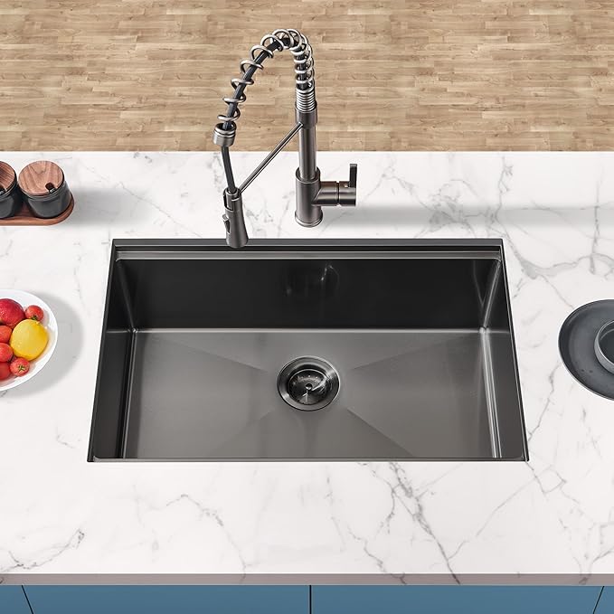 28 inch Gunmetal Black Undermount Kitchen Sink, HausinLuck 16 Gauge Stainless Steel Undermount Workstation Kitchen Sink Handmade 10 inch Deep Single Bowl Sink with Ledge and Accessories (Pack of 5)