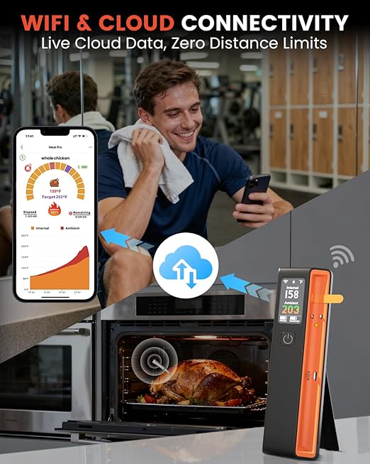 Wireless Bluetooth Smart Meat Thermometer - WiFi Unlimited Range, 1 Ultra-Thin Probe, 6 Sensors with NIST Certified Accuracy, for BBQ, Grill, Oven, Smoker, Rotisserie - iOS & Android App