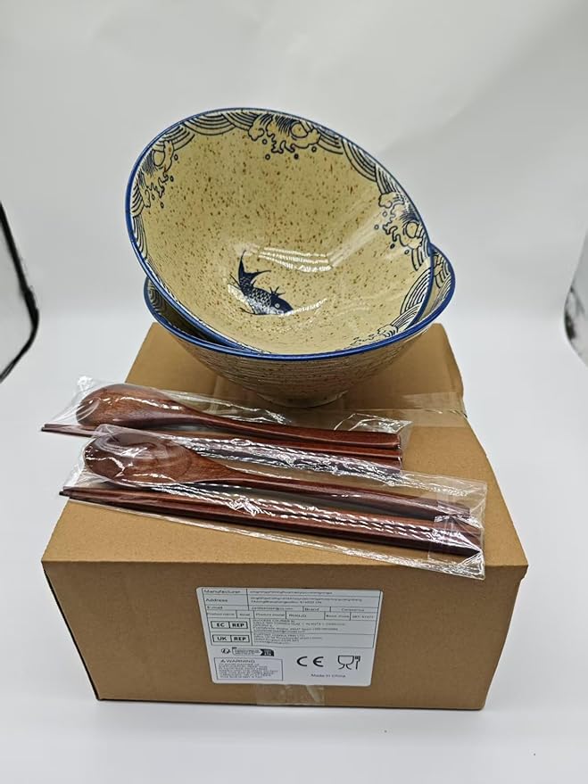 2 x 40 OZ ceramic ramen bowls, 8 IN large Japanese noodle soup bowl, match chopsticks and spoons, suitable for Pho, Udon Asian noodles (Japanese fish 2 set)