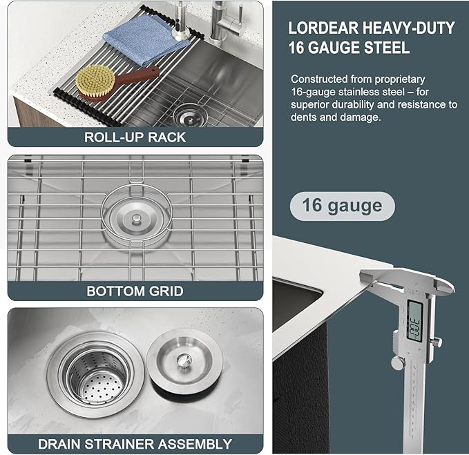 Lordear 12 Inch Deep Laundry Sink Drop In 25"x22"x12" Deep In Laundry Utility Sink Drop-in Topmount Single Bowl Sink 16 Gauge Stainless Steel Kitchen Laundry Room Sinks