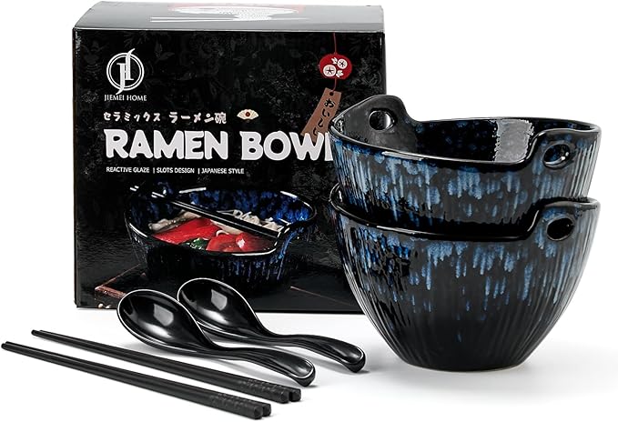 Ramen Bowl with Chopsticks and Spoons Set, 7 Inch Ceramic Noodle Bowl Set of 2, Dishwasher Safe for Pho Udon Soba Noodle Salad Pasta, Special Reactive Glazed Navy Bowls Set