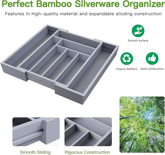 Pipishell Bamboo Expandable Drawer Organizer for Utensils Holder, Adjustable Cutlery Tray, Wood Drawer Dividers Organizer for Silverware, Flatware, Knives in Kitchen, Bedroom, Living Room(M-Grey)