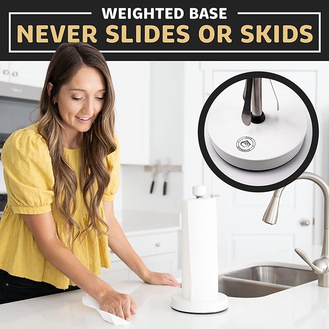 Stainless Steel White Paper Towel Holder Designed for Easy One-Handed Operation - This Sturdy Weighted Paper Towel Dispenser Countertop Model Has Suction Cups and Holds All Paper Towel Rolls
