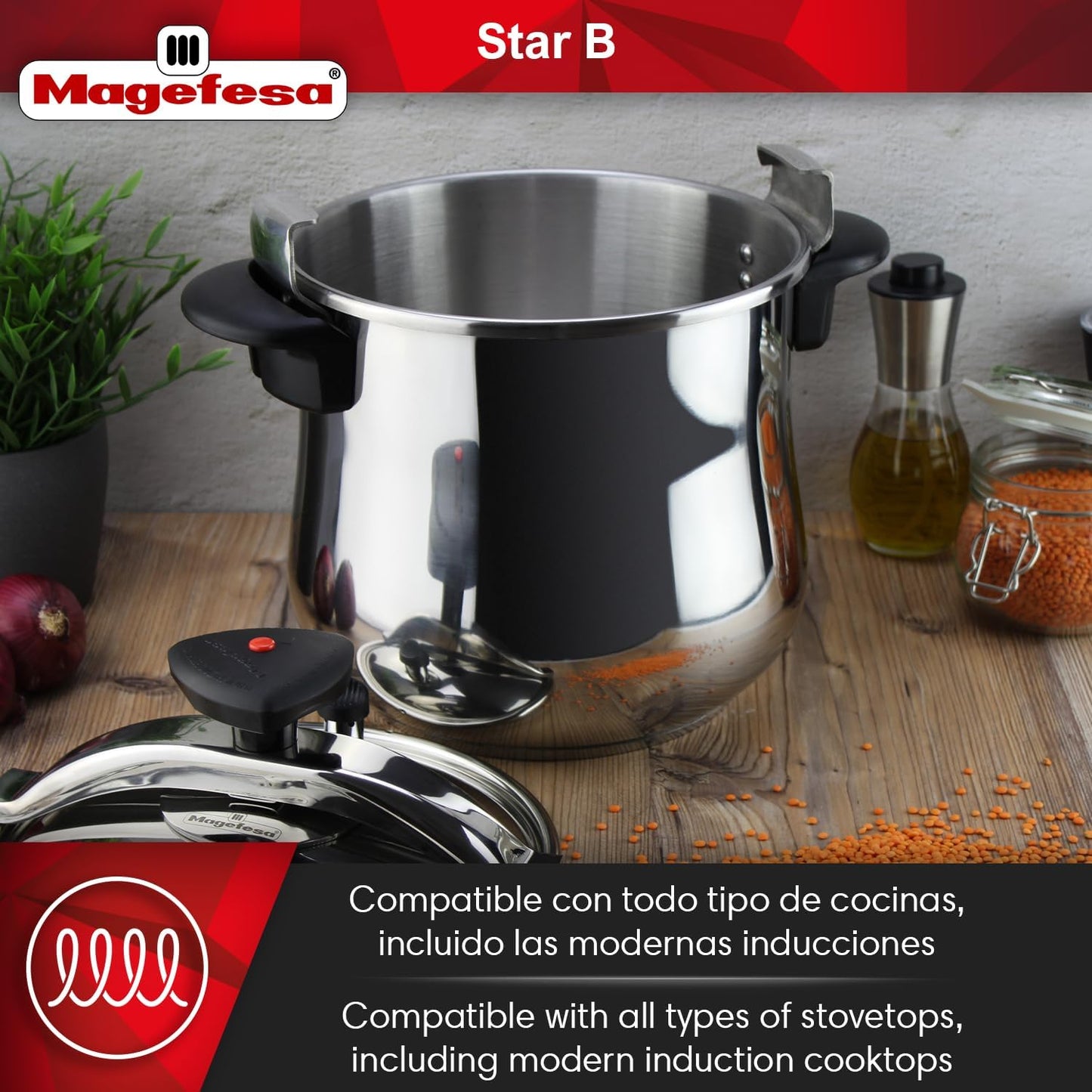MAGEFESA Star Belly Pressure Cooker 6.3 Qt – 18/10 Stainless Steel, Rounded Bottom, 3 Safety Systems, Works on All Stovetops Including Induction, 8 PSI