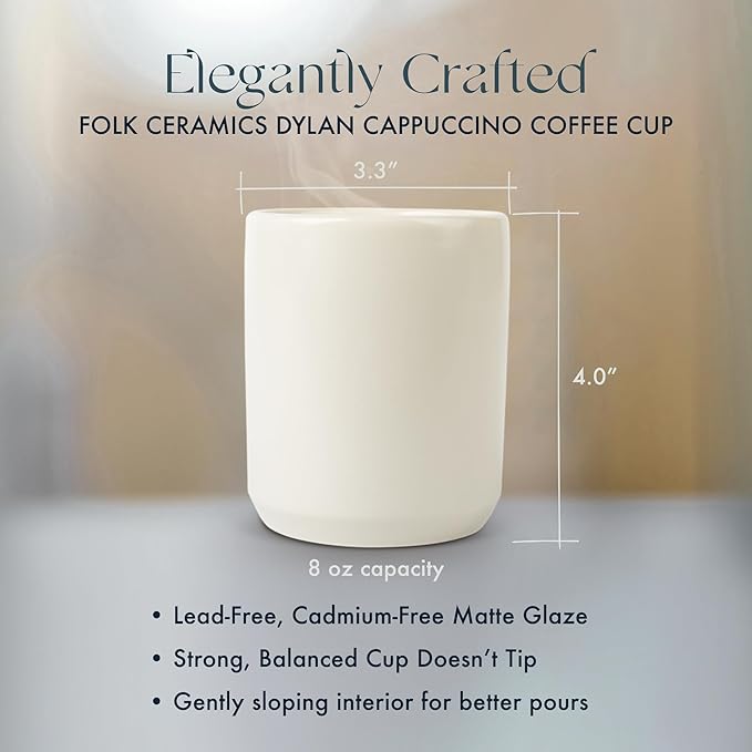 Folk Ceramics Dylan Ceramic Cappuccino Cups Set | Double Walled Ceramic Coffee Mug Set | Compact & Heat Insulated Cappuccino, Tea, Coffee & Latte Cup | 8oz, Set of 2 | Fog Grey