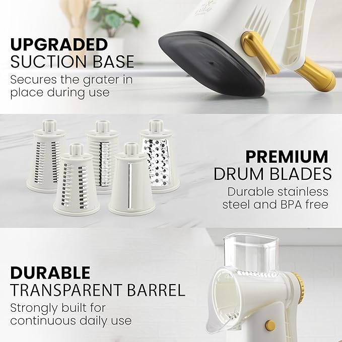 Zulay Kitchen Rotary Cheese Grater 5 Blade Cheese Shredder - Manual Hand Crank Cheese Grater With Reinforced Suction & 5 Interchangeable Drums - Easy to Use, Vegetable Chopper Round Mandoline Slicer