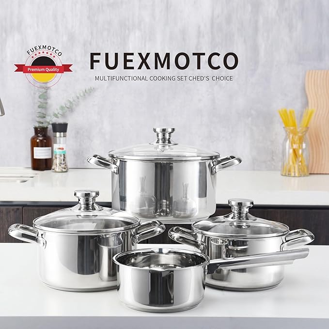 7-Piece Induction Ready Stainless Steel Cookware Set with Glass Lids,1.6QT Saucepan + 2.7QT/3.6QT/6.3QT Stockpots,Dishwasher Safe EvenHeat Tech Pro Kitchen Essentials