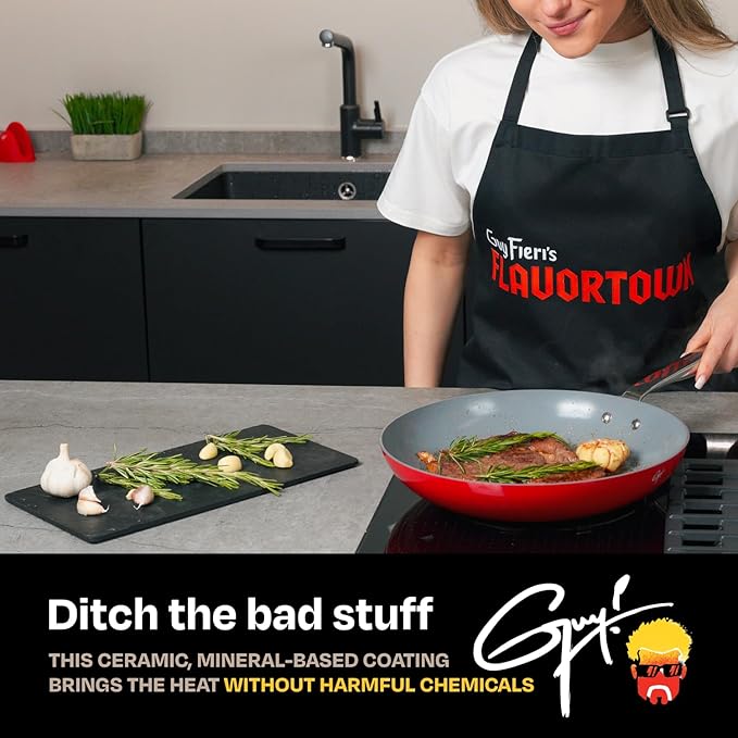 Guy Fieri's Flavortown 2-Piece Ceramic Cookware Set, Nonstick Frying Pan Set 10" and 12", Kitchen Cookware, Made without PFAS PTFE PFOA, Oven and Dishwasher Safe, Easy to Clean Everyday Cookware