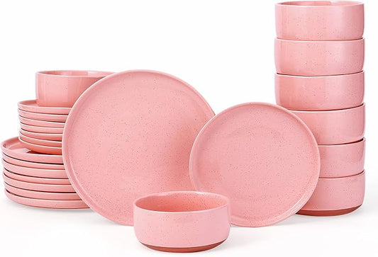 GZG Modern Art Series - 24 Pcs Speckled Stoneware Plates and Bowls Sets, Ceramic Dinnerware Set with Rustic Terracotta Underside, Microwave and Dishwasher Safe Handcrafted Dishes Set - Blush Pink