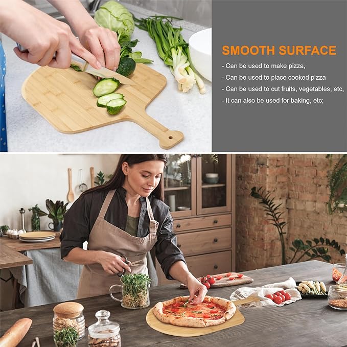 12 inch Bamboo Pizza Peel with 8 Slice Grooves, Double-Sided Use Pizza Cutting Board for Pizza, Bread, Cheese, Vegetable, Fruits (1 PCS)