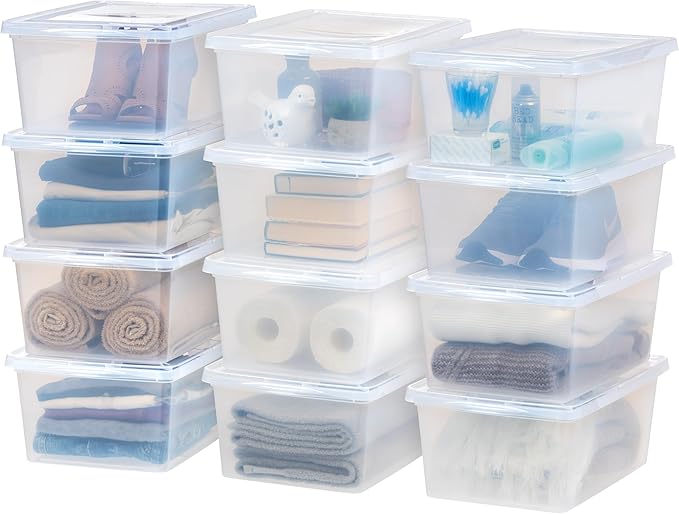 IRIS USA 12-Pack Storage Bins with Lids, 17 Quart, Shoe Boxes Clear Stackable Containers Organize Shoes Closet Shelves, Classroom Organization Teacher Tools, Game Storage - BPA-Free Plastic