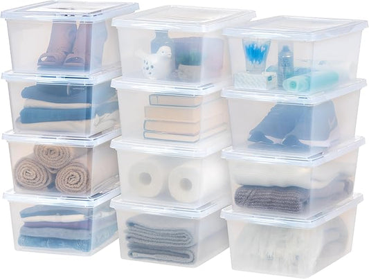 IRIS USA 12-Pack Storage Bins with Lids, 17 Quart, Shoe Boxes Clear Stackable Containers Organize Shoes Closet Shelves, Classroom Organization Teacher Tools, Game Storage - BPA-Free Plastic