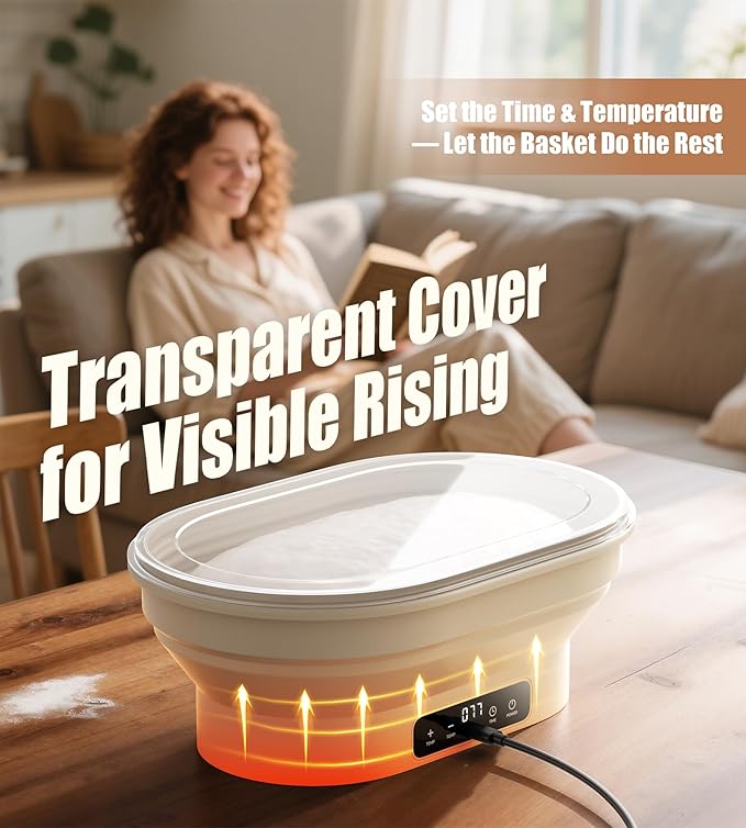 Heating Banneton Bread Proofing Basket, Foldable Sourdough Bread Baking Supplies, Silicone Sourdough Starter Kit, 11" 2L Oval Banneton Basket, Baking Gifts for Women & Baker (1 Pack)