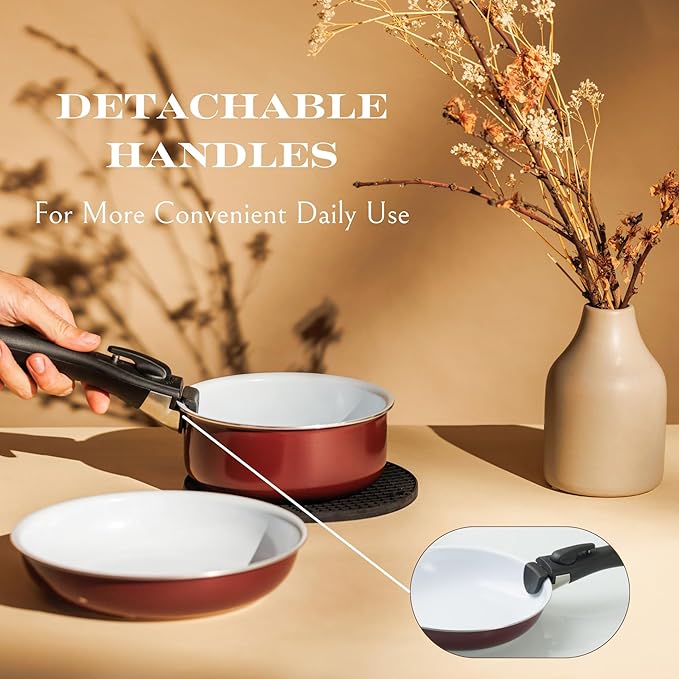 Moss & Stone Aluminum Pots And Pans Set Nonstick, Removable Handle Cookware, Stackable Pots And Pans Set, Dishwasher safe, Induction Pots And Pans, Camping Cookware Set (5 Pcs Burgandy)