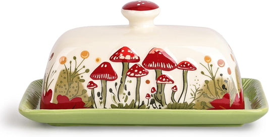 Fungi Fun Mushroom Butter Dish With Lid – Cute Cottagecore Ceramic Storage Container, Vintage French Covered Tray, Boho Farmhouse Kitchen Decor Gift, Unique Countertop Holder (White, Standard)