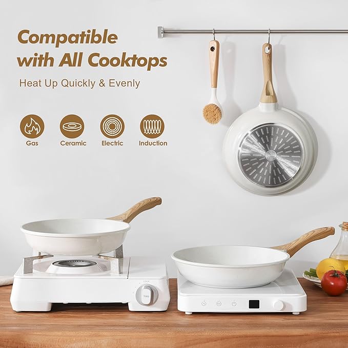 SENSARTE Nonstick Frying Pan Skillets, White Ceramic Coating Omelette Pans, Healthy Cookware Chef's Pan, Free of PTFE & PFAS (8+11Inch with Lid)