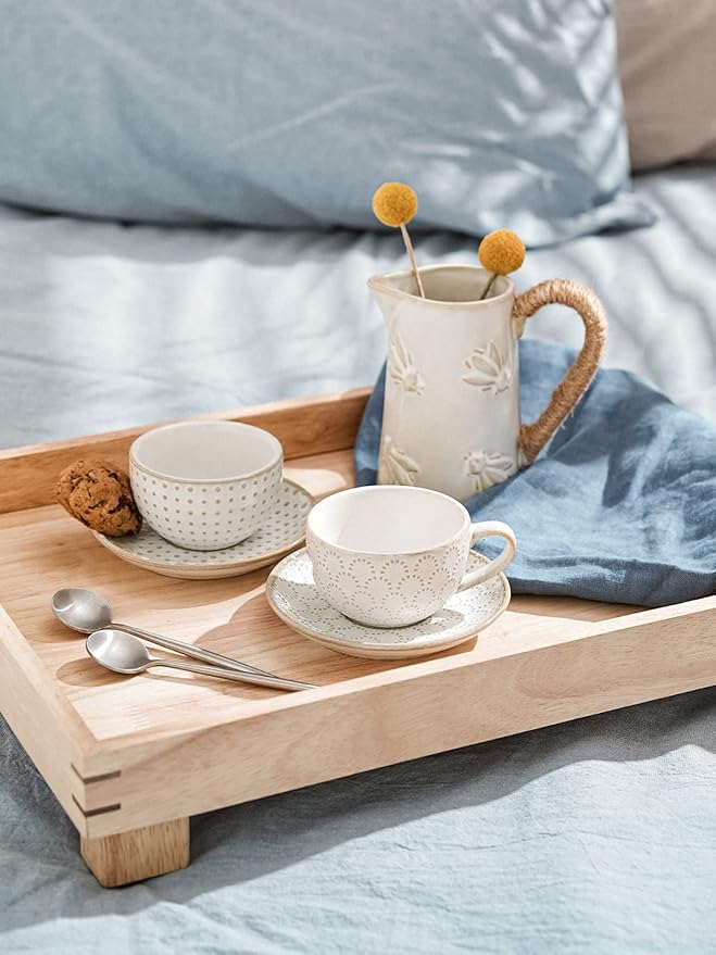 LE TAUCI Espresso Cups with Saucers 3 oz, Ceramic Embossment Coffee Cup for Double shot, Lungo, Ristretto,Dishwasher Safe - Set of 4, Arctic white