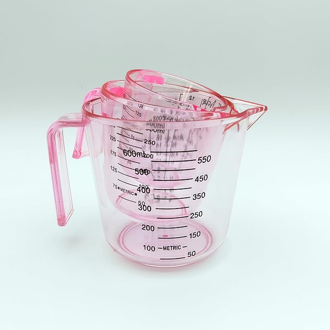 Plastic Measuring Cup Set, Kitchen Cooking and Baking Seasoning Liquid Measuring Cup, Multiple Scale Identification, with Handle and Triangle Mouth, 150ml, 300ml, 600ml, 3-piece Set (Pink)