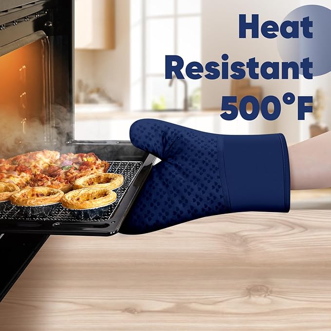 Oven Mitts and Pot Holders 4 Sets, Heat Resistant 500 ℉ Oven Mitt and Pot Holder,Oven Glove&Potholders with Non-Slip Silicone Surface,Kitchen Essentials for Cooking/Baking/BBQ-Marine Blue