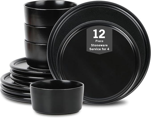 Stone Lain Eden 12-Piece Dinnerware Set Stoneware, Plates and Bowls Set, Dishwasher and Microwave Safe Dish, Dish Set for 4, Black