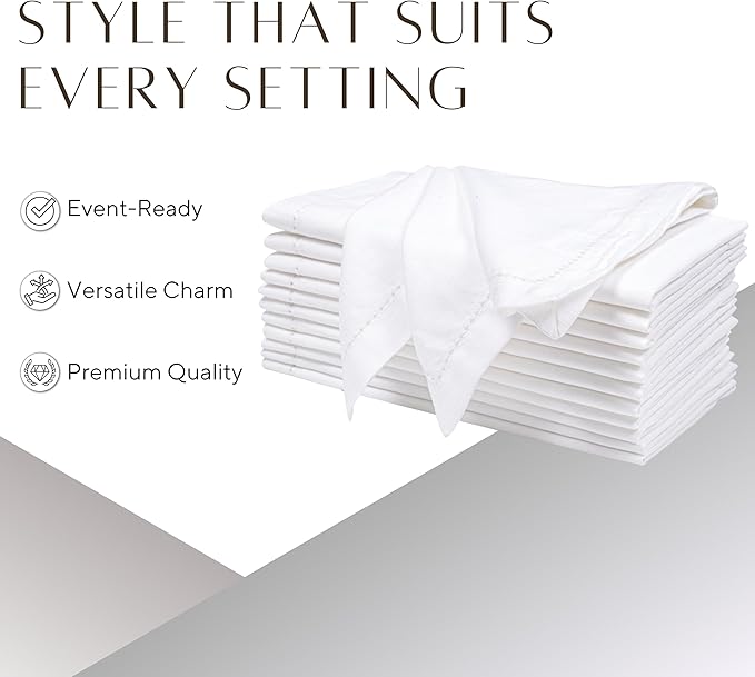 Ramanta Home White Cloth Dinner Napkin Set of 12-18x18 Inch, Premium Cotton Linen Flax Hemstitched Napkins, Soft Durable Washable for Everyday Use Thanksgiving Christmas Parties Halloween