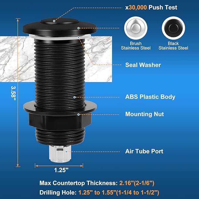 Dual Outlet Garbage Disposal Air Switch Kit, UL Listed Sink Top Air Switch for Food Waste Disposal, 3.58” Extra Long Air Button, Black Stainless Steel