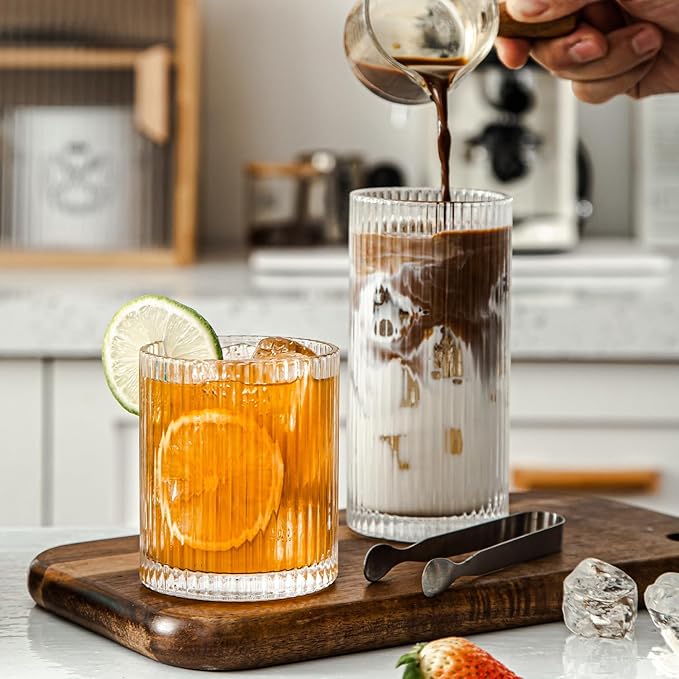 Set of 8 Ribbed Glassware, 4 Large Glasses 13 oz, 4 Rocks Glass Cups 10 oz