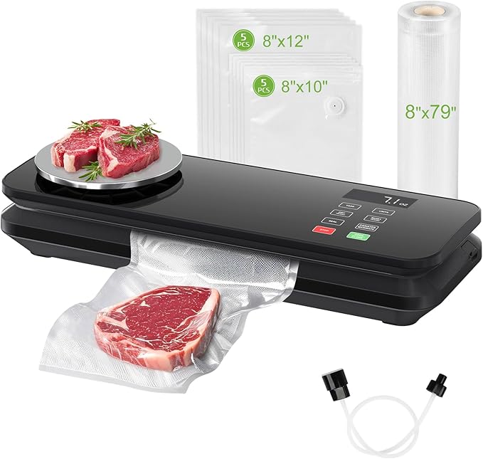 Food Vacuum Sealer Machine, 90KPA with Kitchen Scale, One-Touch Automatic, Multiple Modes, with 10 Sealer Bags and 1 roll, Built-in Cutter, Black