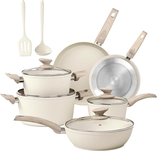 DisDelight Pots and Pans Set Non Stick, Nonstick Induction Granite Kitchen Cookware Sets, Induction Nonstick Granite Cooking Set, Induction Cookware Cooking Pan Set, Pan Sets for Cooking, Cream White