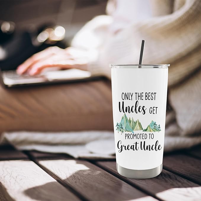 QASHWEY Great Uncle Gifts Coffee Tumbler 20 oz, BestUncle Travel Tumbler Coffee Mug Gifts for Uncles, UncleGifts from Niece Nephew, Promoted to Great Uncle Stainless Steel Tumblers with Straw and Lid