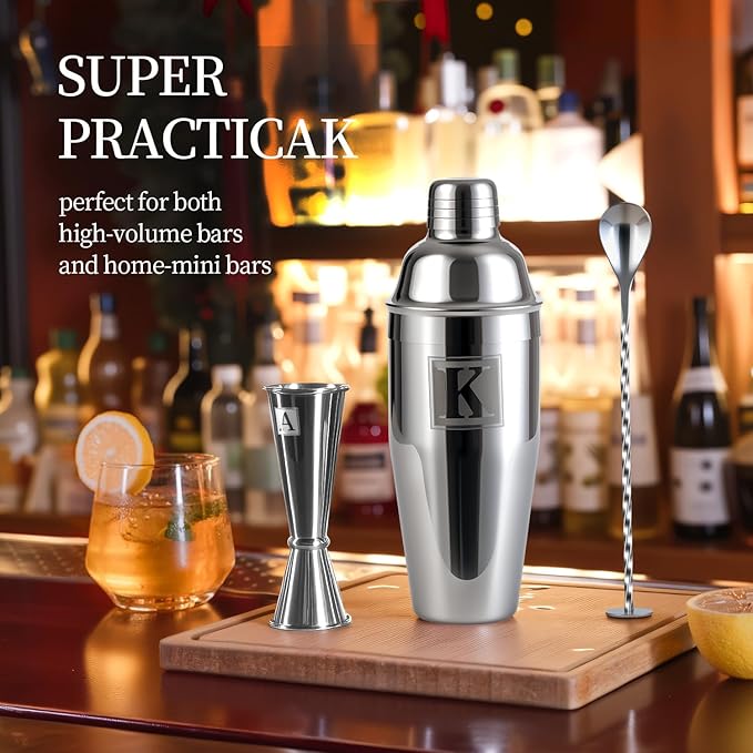 24oz Cocktail Shaker Set with Minimun 1/8oz Scale 1 oz 2oz Jigger - Monogramm Initials Martini Shaker Set - 304 Stainless Steel Bar Shaker - Personalized Gift for Friend,Husband-Blank