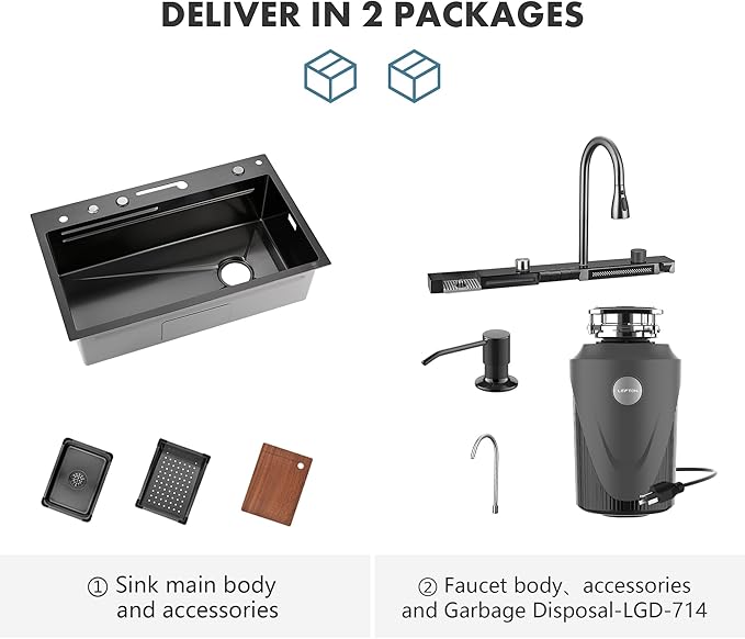 Lefton 304 Stainless Steel Kitchen Sink with Pull-down Faucet, Waterfall & Rainfall Outlet, Temperature Display in Tempered Glass, Grey, KS2206 (29.5"L x 18.25"W (with 1 HP Garbage Disposal))