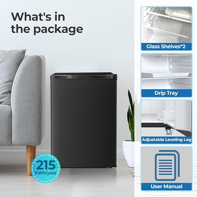 2.56 Cu.ft Compact Refrigerator with Reversible Single Door, BLACK