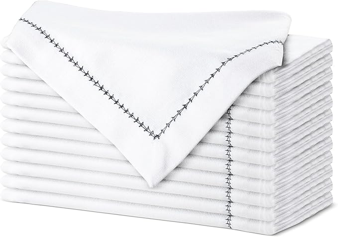 Urban Villa Cloth Napkin Set of 6 Hemstitch White Black 20x20 Inches Premium Soft Cotton Highly Absorbent Reusable & Washable Dinner Table Napkins for Home and Weddings