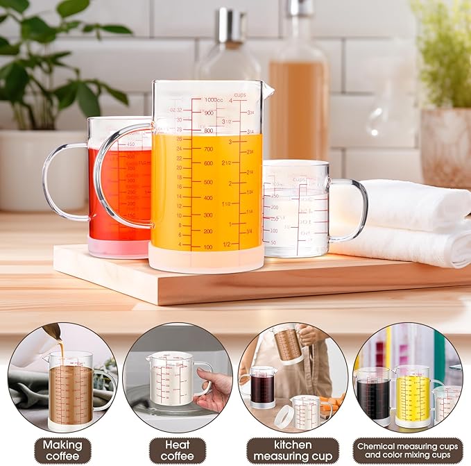 Lallisa 3 Sets Glass Measuring Cups with Handle 1 1/4 Cup, 2 Cup, 4 Cup High Borosilicate Glass Measuring Beaker, V Shaped Spout, 3 Scales (OZ, Cup, ML/CC) for Kitchen Restaurant