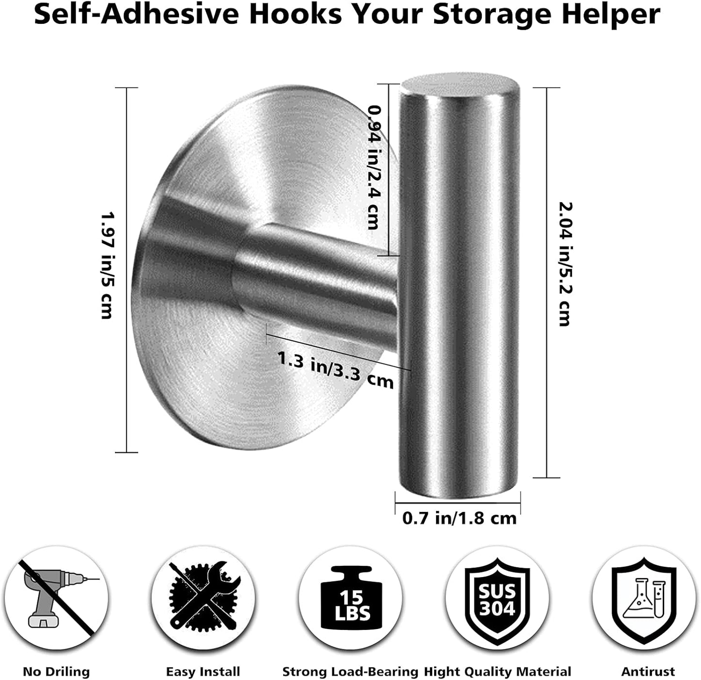 Adhesive Hooks Heavy Duty Wall Hooks Stainless Steel Waterproof Shower Hooks, Adhesive Holders Coat Robe Hooks for Hanging, Wall Mounted Towel Hooks for Bathroom Kitchen - 4 Pack