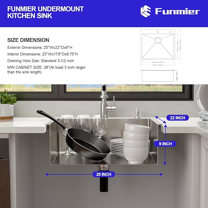 25 Drop In Kitchen Sink - 25 x 22 Inch Stainless Steel Kitchen Sinks Topmount 16 Gauge Single Bowl Above Counter Handmade Bar Sink with Offset Drainer