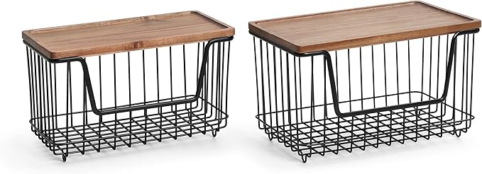 SunnyPoint Set of 2 Kitchen, Laundry & Pantry Storage Organizers – Stackable Bins with Acacia Wood Top, Large Trash Bag Holder & Standard Garbage Bag Dispenser (Acacia, BLK)