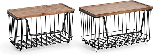 SunnyPoint Set of 2 Kitchen, Laundry & Pantry Storage Organizers – Stackable Bins with Acacia Wood Top, Large Trash Bag Holder & Standard Garbage Bag Dispenser (Acacia, BLK)