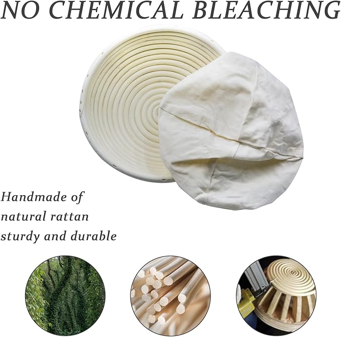 Rattan Proofing Basket Round - 4 Pack 9 Inch Natural Release Handwoven Design with Removable Linen Liners - Easy Clean for Sourdough Beginner Homemade Bread